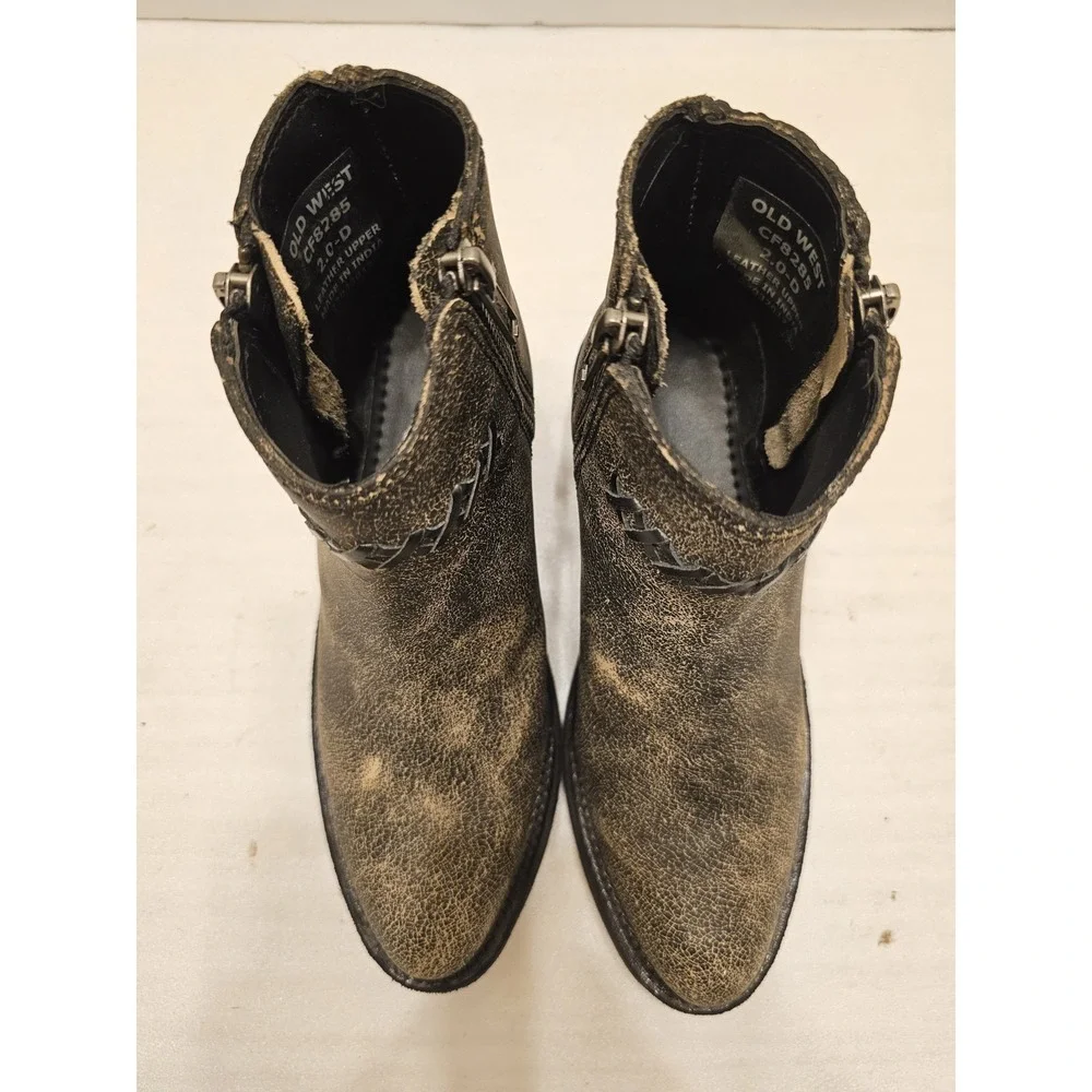 Old West‎ Kids Brown Distressed Leather Zipper Ankle Boots Size 2.0 D